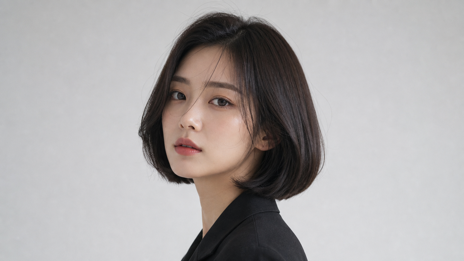 매끈한 선과 은은한 볼륨감이 조화를 이루는 깔끔한 보브 컷을 가진 모델