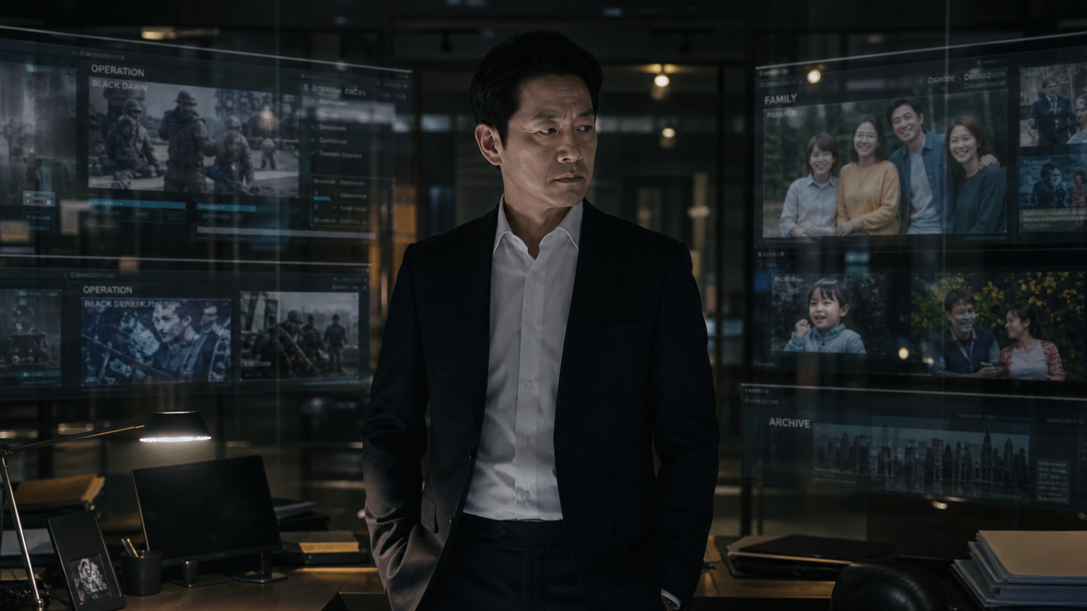 사무실에서 디지털 화면으로 과거 임무와 가족 순간들을 바라보는 아버지의 강렬한 모습
