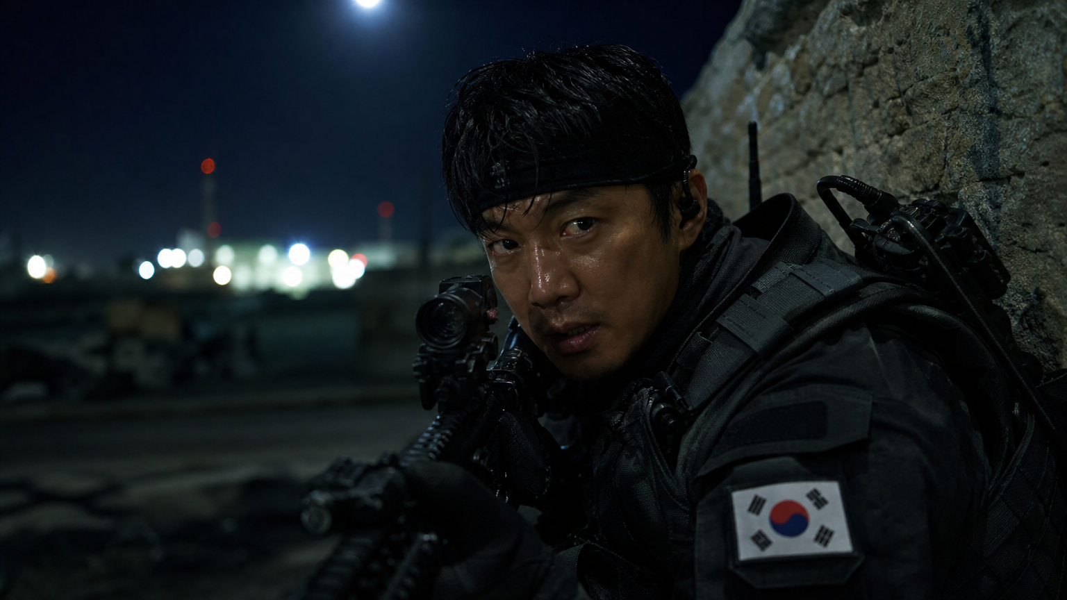 야간 작전 중 군복을 입고 은밀하게 행동하는 남성의 긴박한 장면