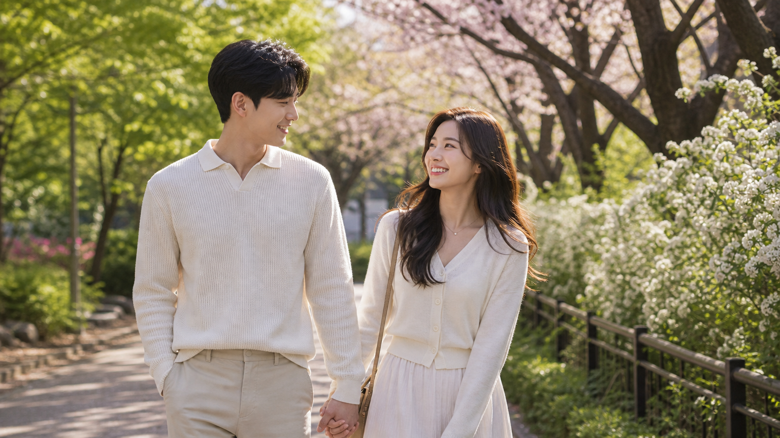 봄날 공원에서 손을 잡고 걷는 커플의 행복한 모습