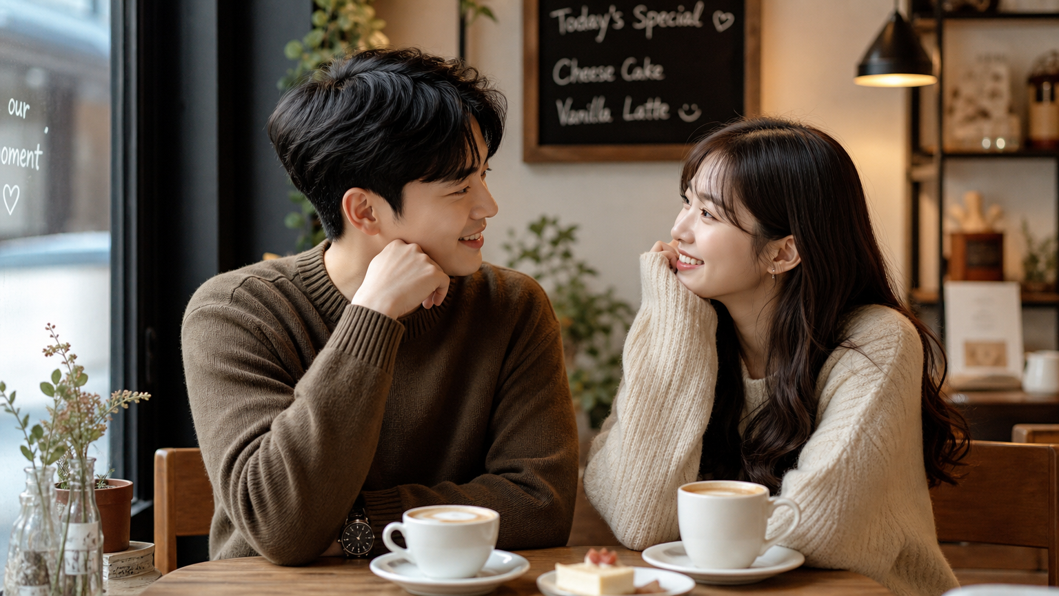 카페에서 따뜻하게 대화하는 커플의 모습