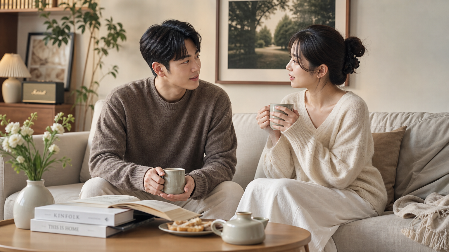 거실 소파에 앉아 진지하게 대화하는 부부