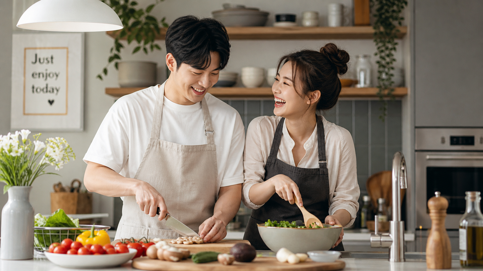 주방에서 요리하며 웃음 짓는 부부