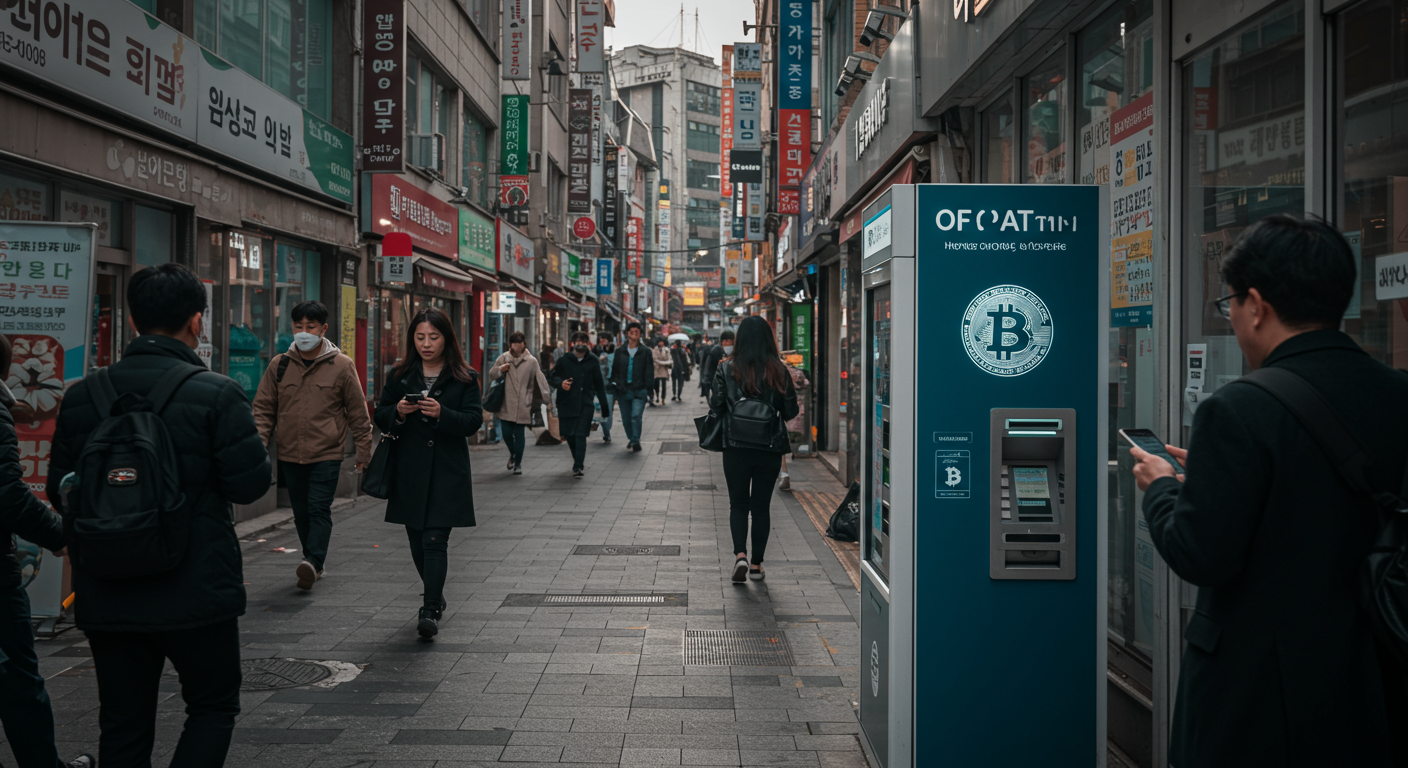 한국의 현대적 도시 거리에서 비트코인 ATM을 사용하는 사람들의 모습, 디지털화된 일상의 풍경.