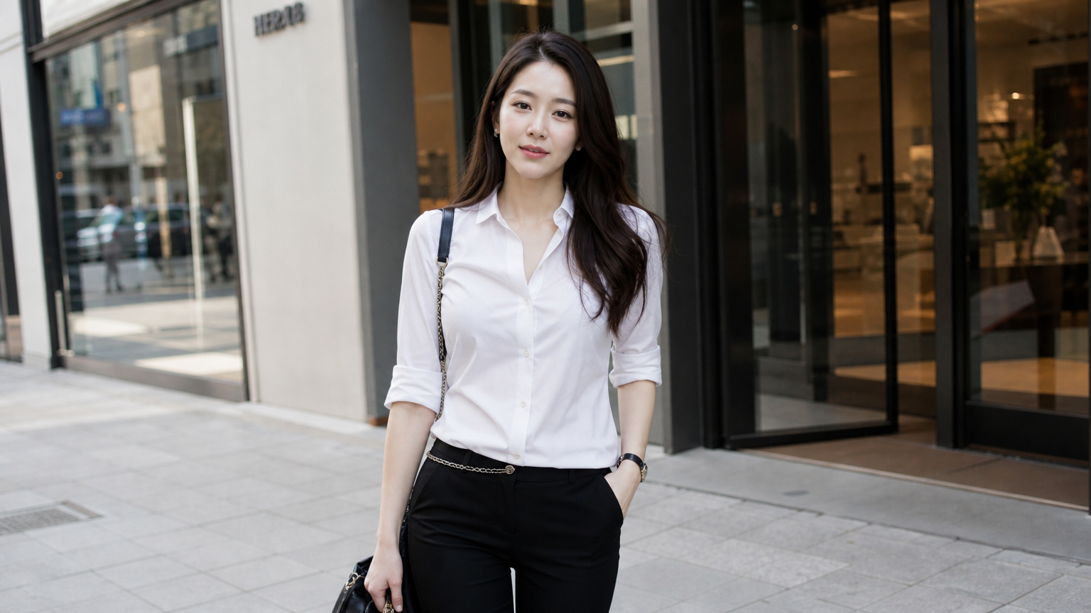 배우 고현정 씨가 도시에서 세련된 옷차림으로 슬림한 모습을 강조하며 서 있는 장면