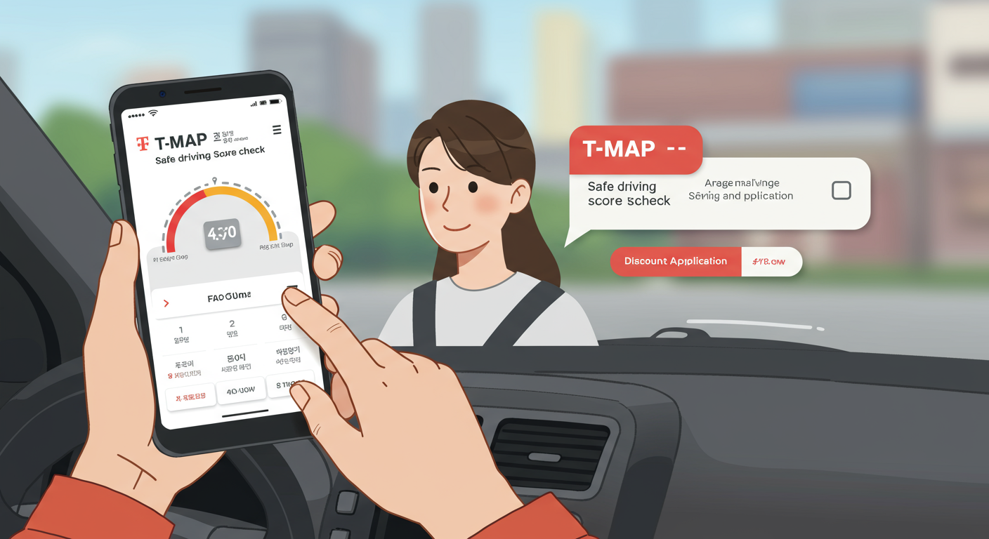 스마트폰으로 티맵 앱을 이용해 안전운전 점수 확인 및 할인을 신청하는 모습