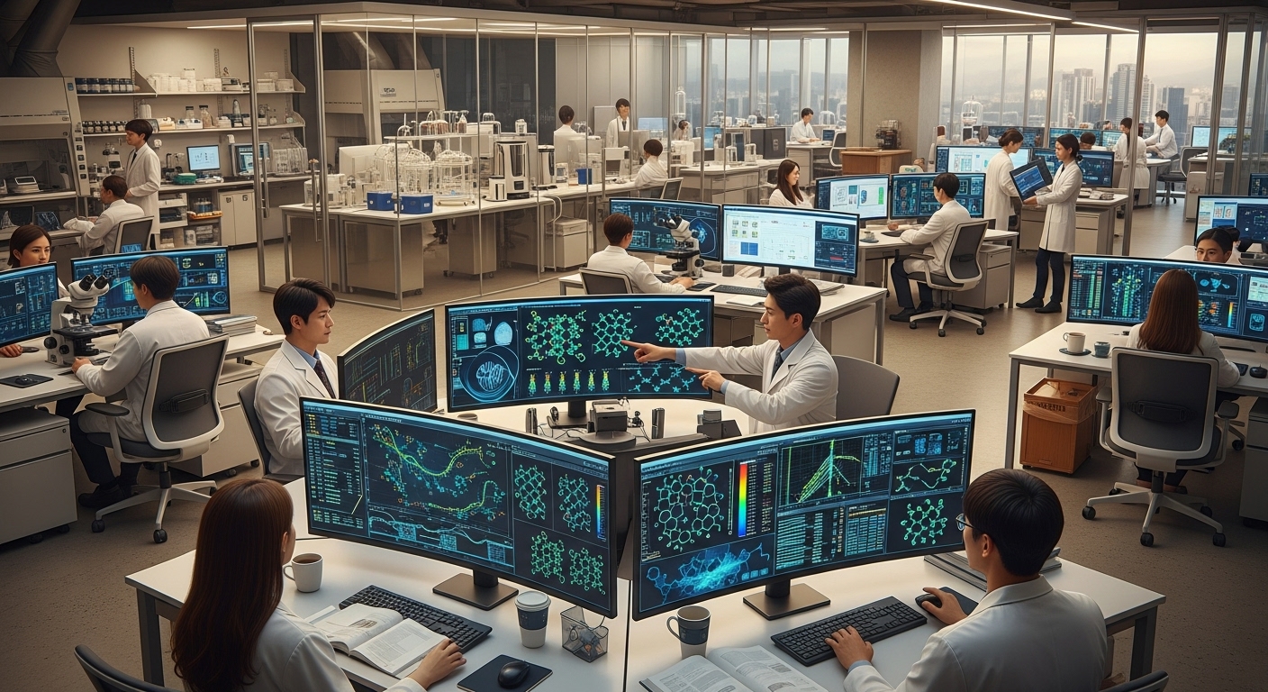 연구원들이 RNA 치료제 데이터를 분석하는 현대적인 생명공학 사무실의 분주한 분위기