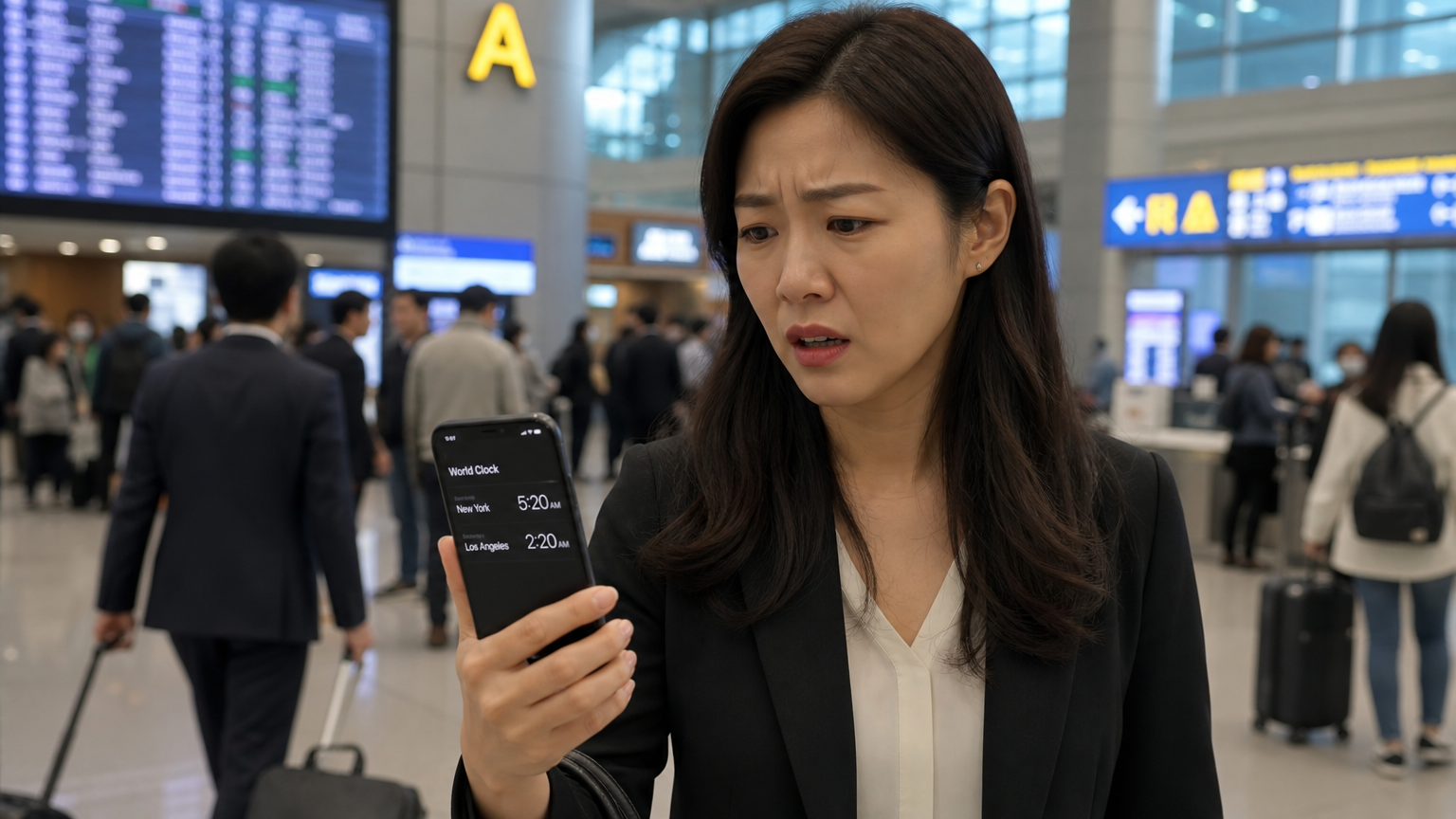 공항 터미널에서 스마트폰으로 뉴욕과 LA 시간을 확인하며 혼란스러워하는 사업가