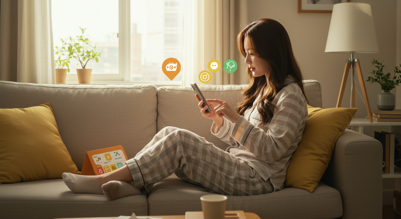 스마트폰으로 택시 호출 및 음식 배달을 이용하는 젊은 여성