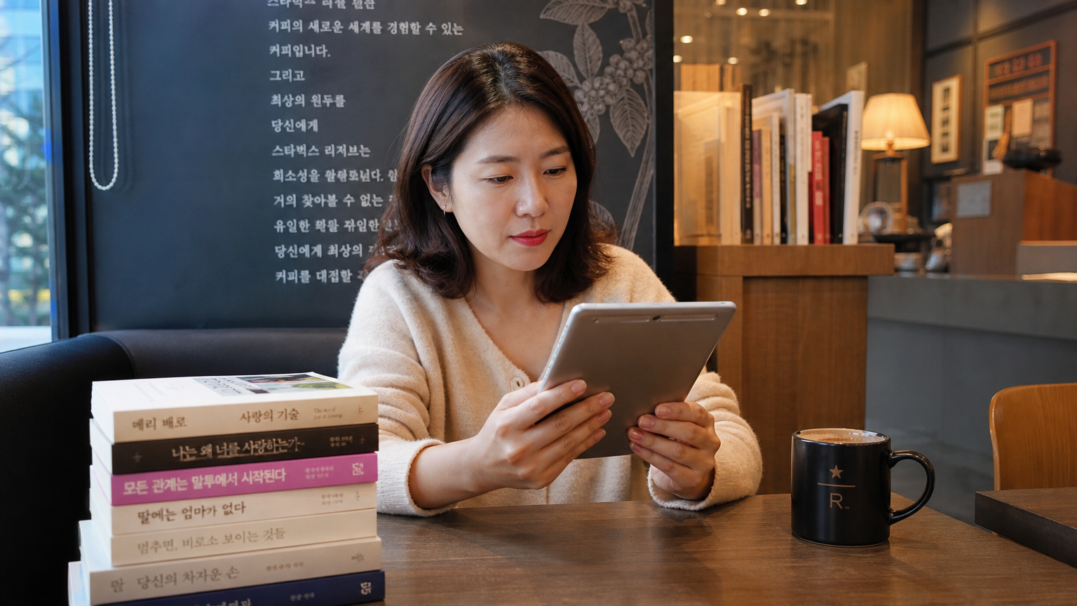 서울의 현대적인 카페에서 태블릿으로 로맨스 소설을 읽고 있는 여성
