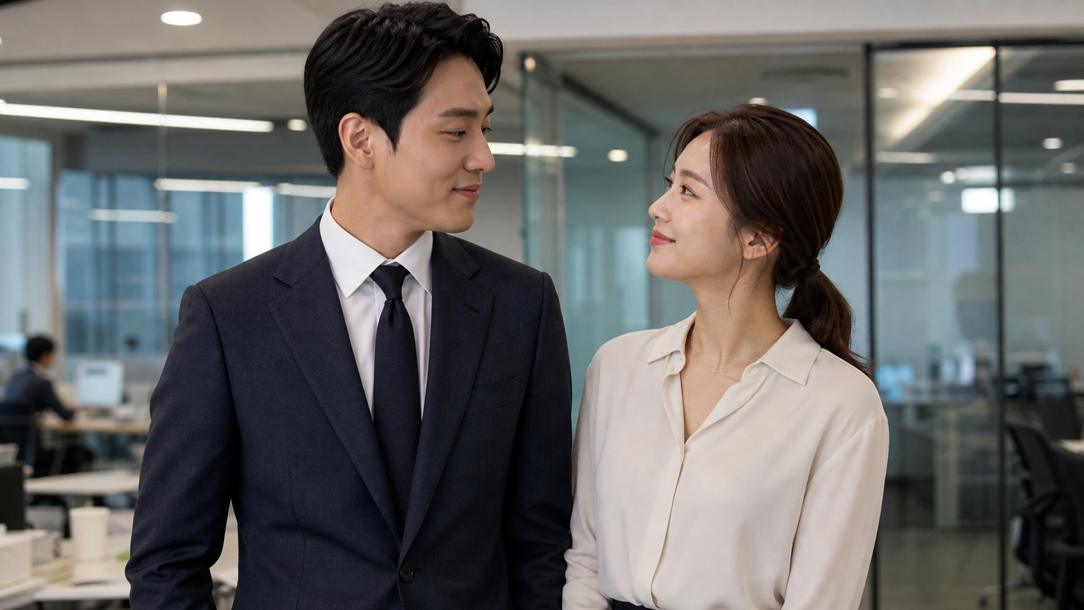 회사 내에서 비즈니스 관계에서 따뜻함으로 변하는 표정을 짓는 커플