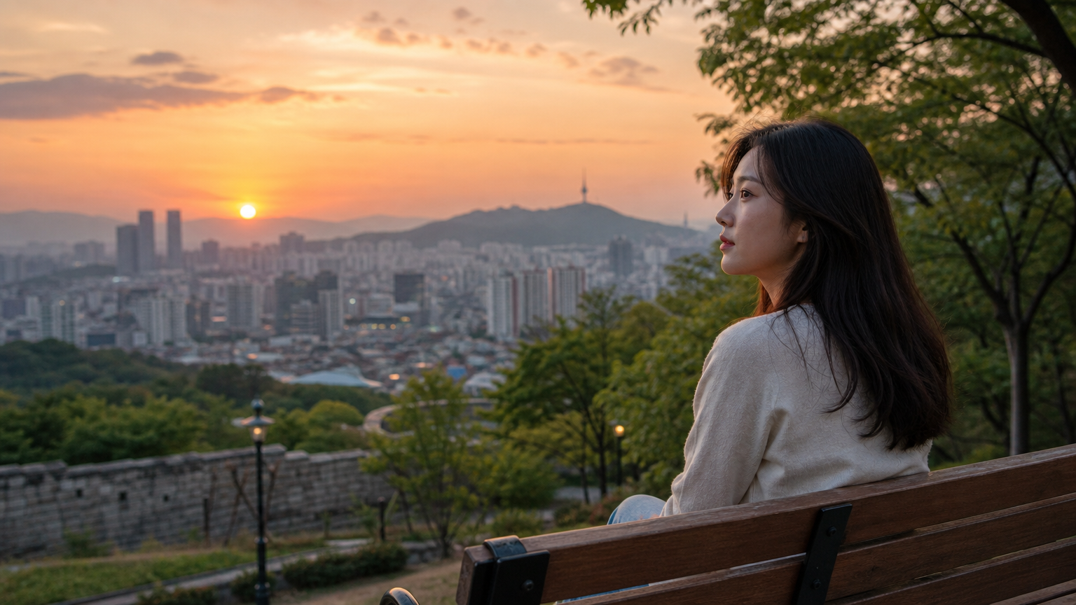 서울 공원 벤치에 앉아 해질녘을 바라보며 사색에 잠긴 여성의 모습