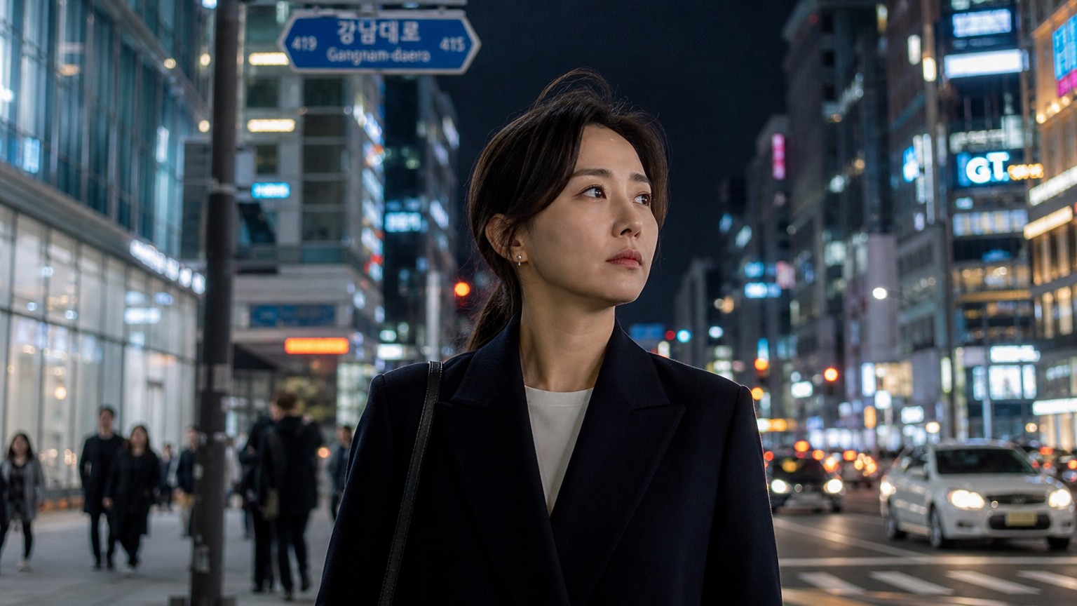 강남 거리의 야경을 배경으로 과거를 벗어나려는 여성의 결연한 모습