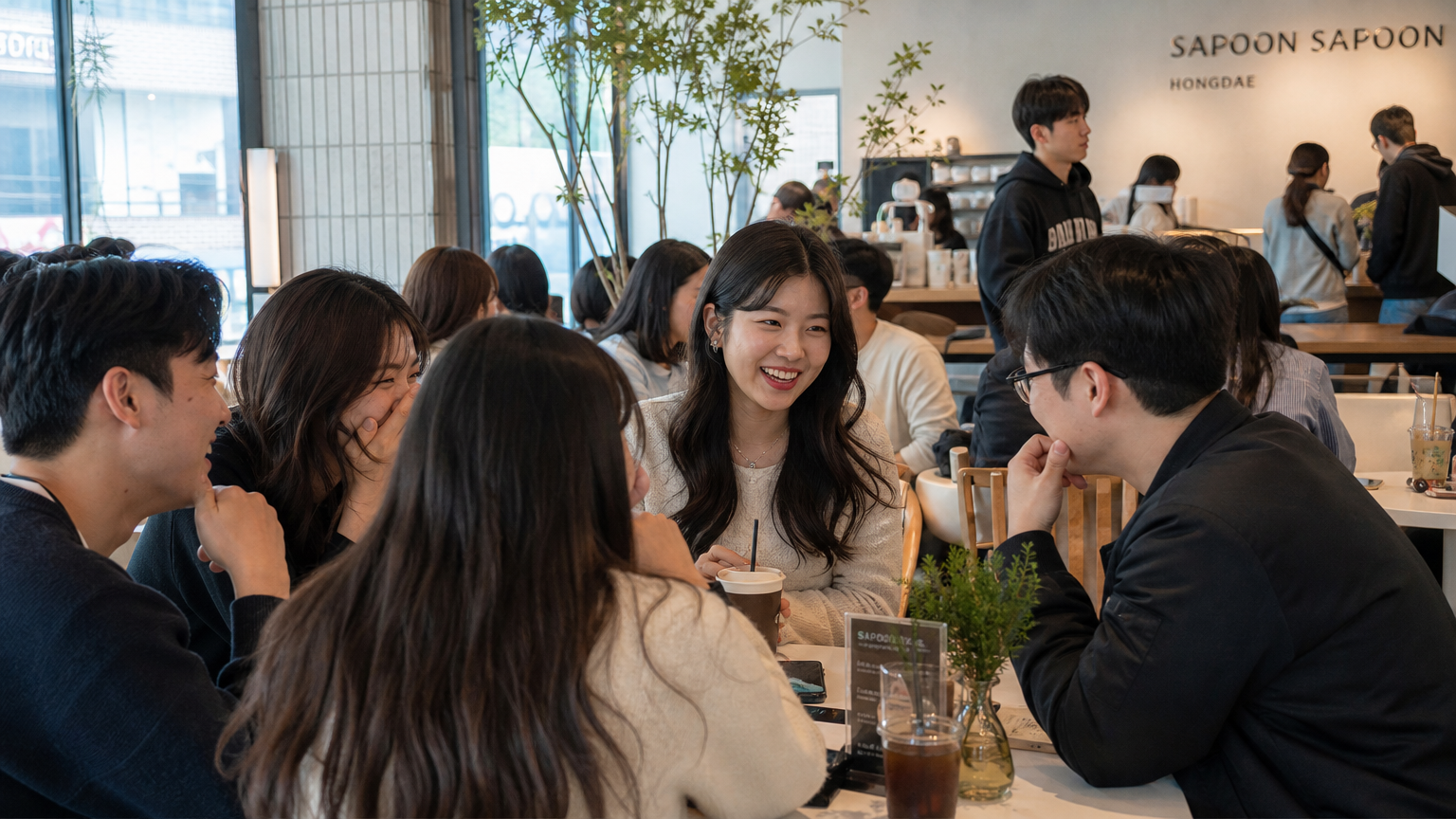 홍대 카페에서 활발한 사회적 모임에 참여하여 새 인연을 찾는 젊은이들의 모습