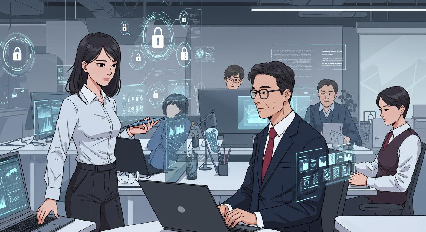 현대적인 한국 사무실에서 직원들이 사이버 보안 조치를 논의하는 모습