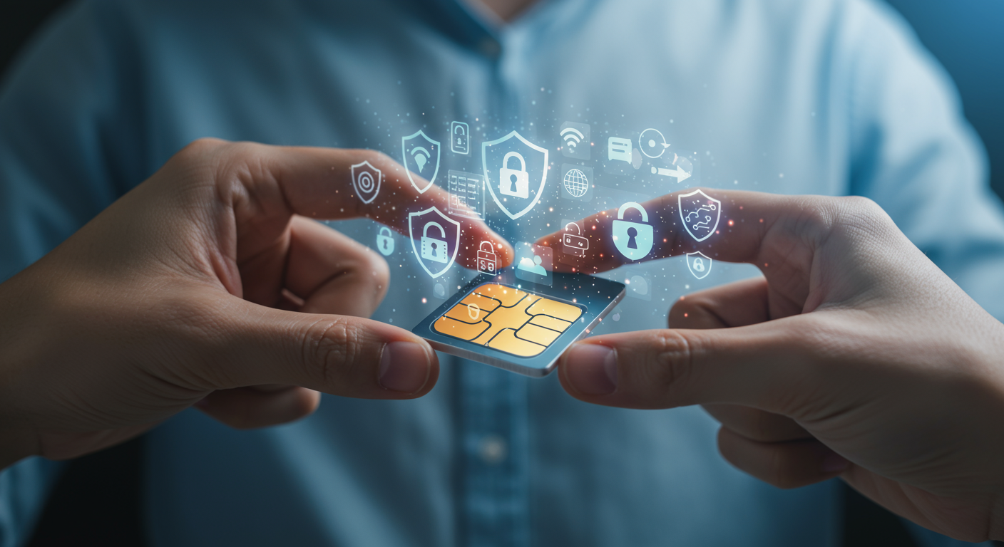 손에 쥐어진 유심 카드와 그 위로 떠 있는 보안 아이콘들