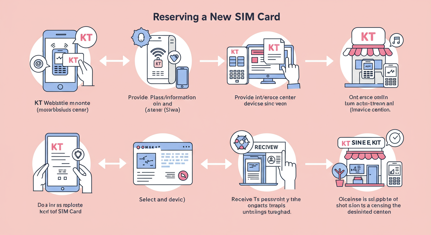 KT 웹사이트 또는 서비스 센터를 통해 새 유심 예약 과정을 보여주는 인포그래픽