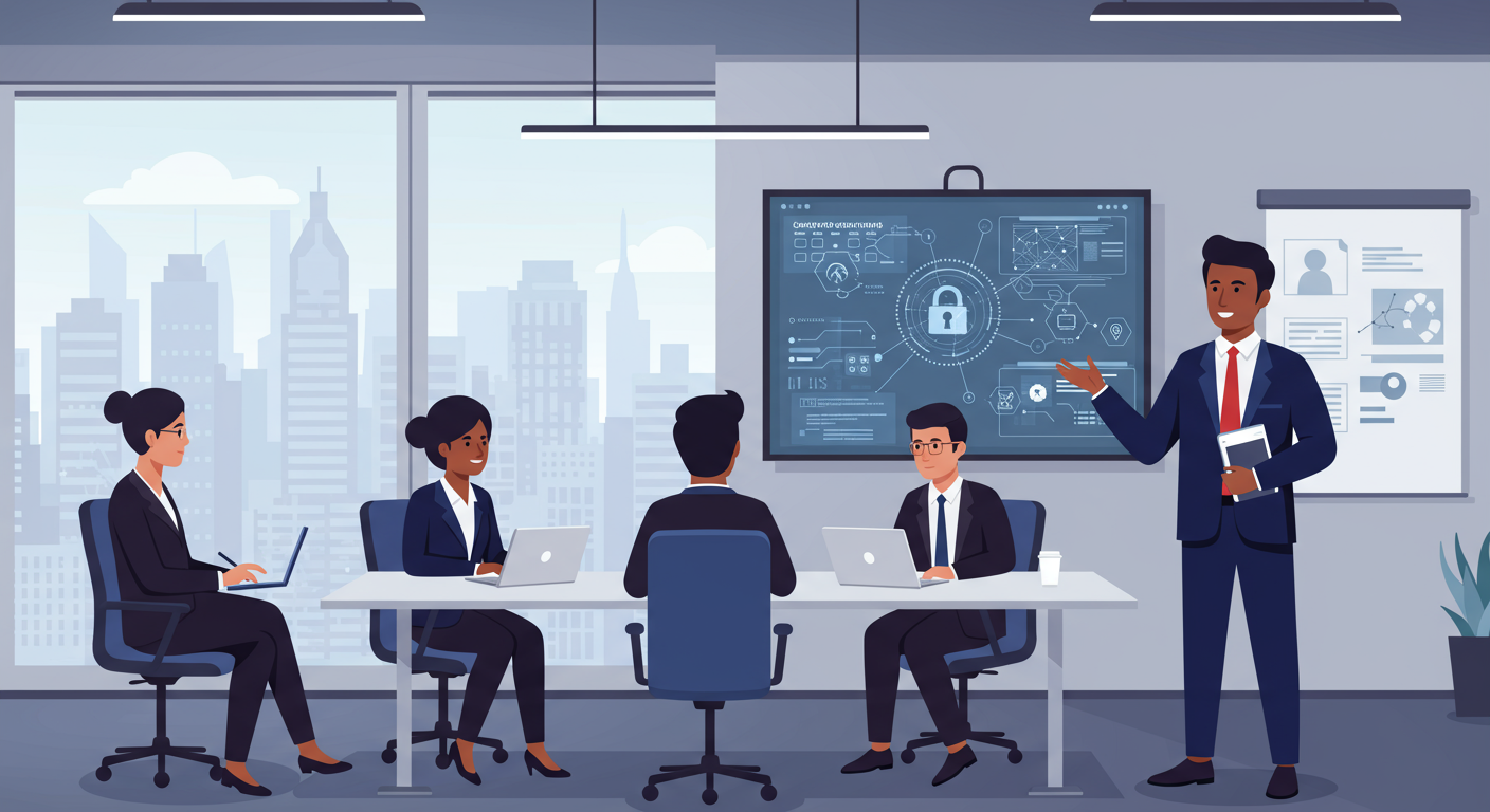 네트워크 보안 및 개인정보 보호 강화를 위한 계획을 발표하는 CEO와 임원진들