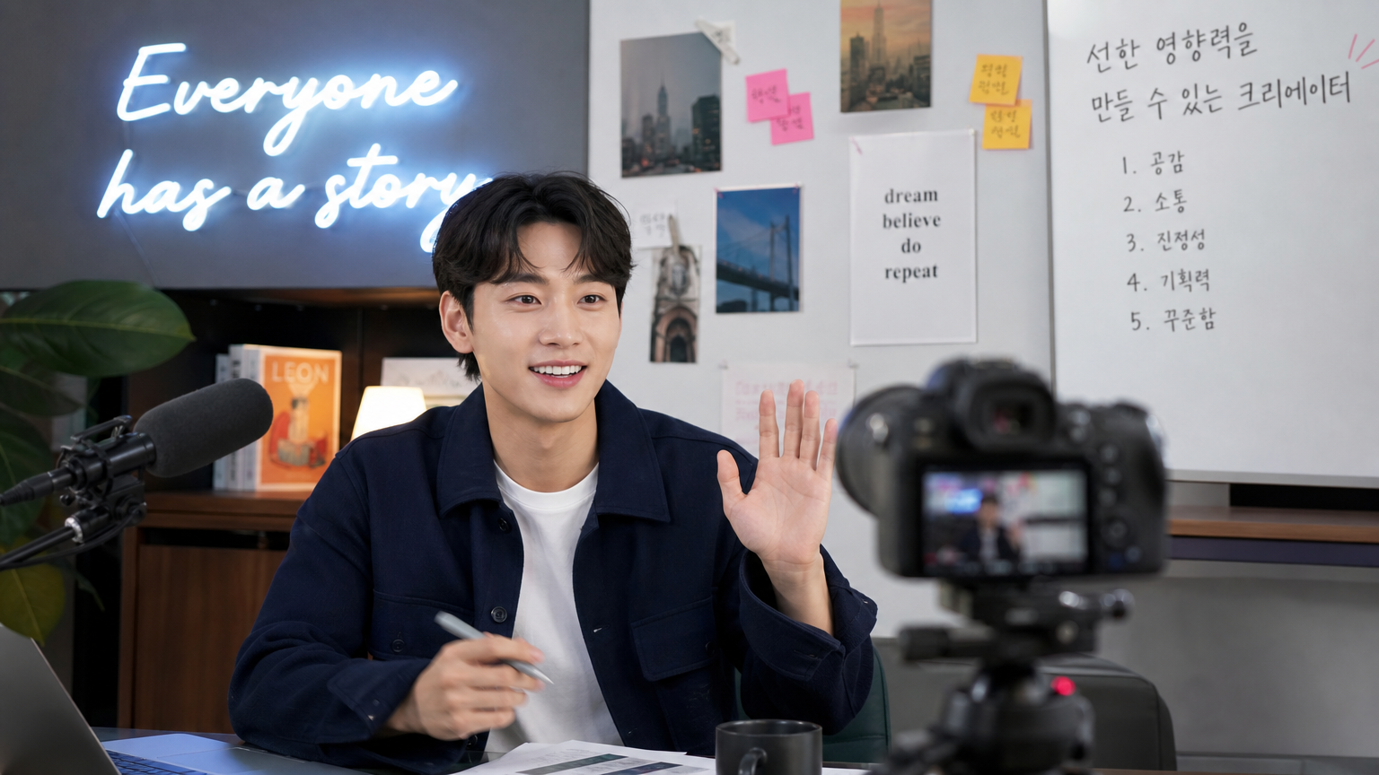 창조적인 스튜디오에서 성장과 공동체 영향을 상징하는 활기찬 요소들 속에서 전문 장비로 촬영하는 즐거운 한국 콘텐츠 제작자