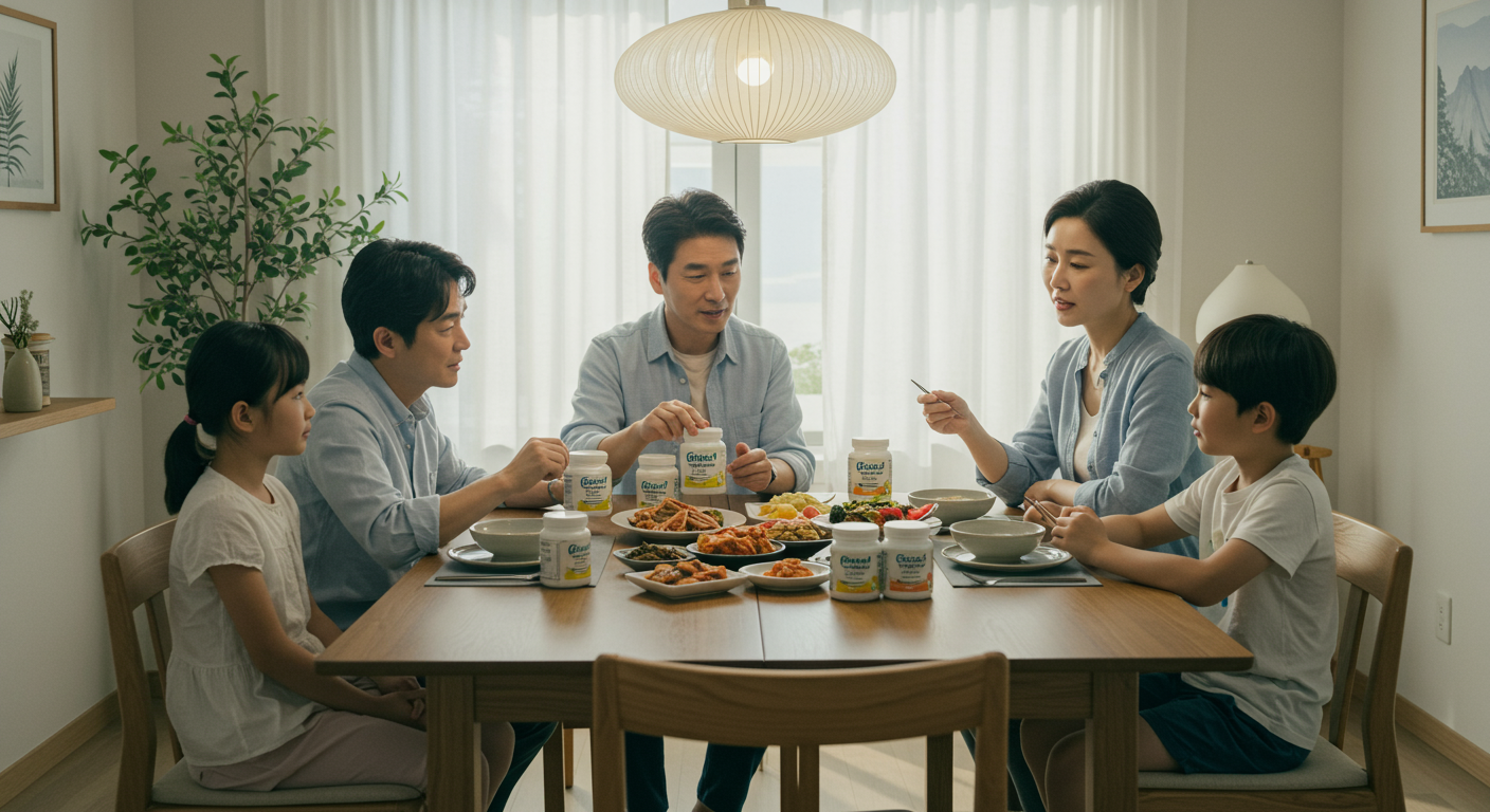 현대 한국 가족이 식탁에 앉아 오메가3 섭취량을 논의하는 장면, 자연광이 비치는 환경에서 부모가 용량에 대해 이야기하고 자녀들이 경청하는 모습