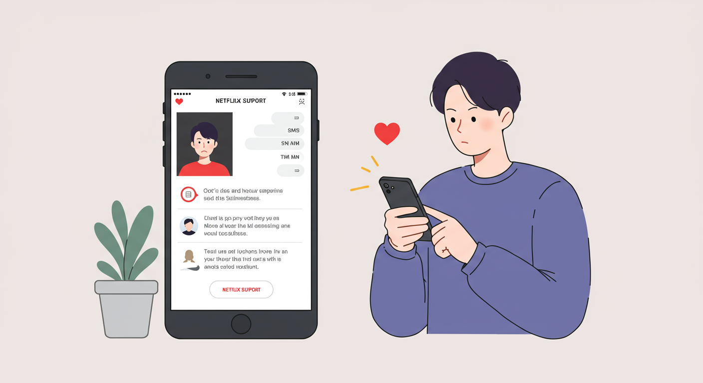 휴대전화 설정을 점검하며 넷플릭스 고객 지원에 연락하는 사용자 모습