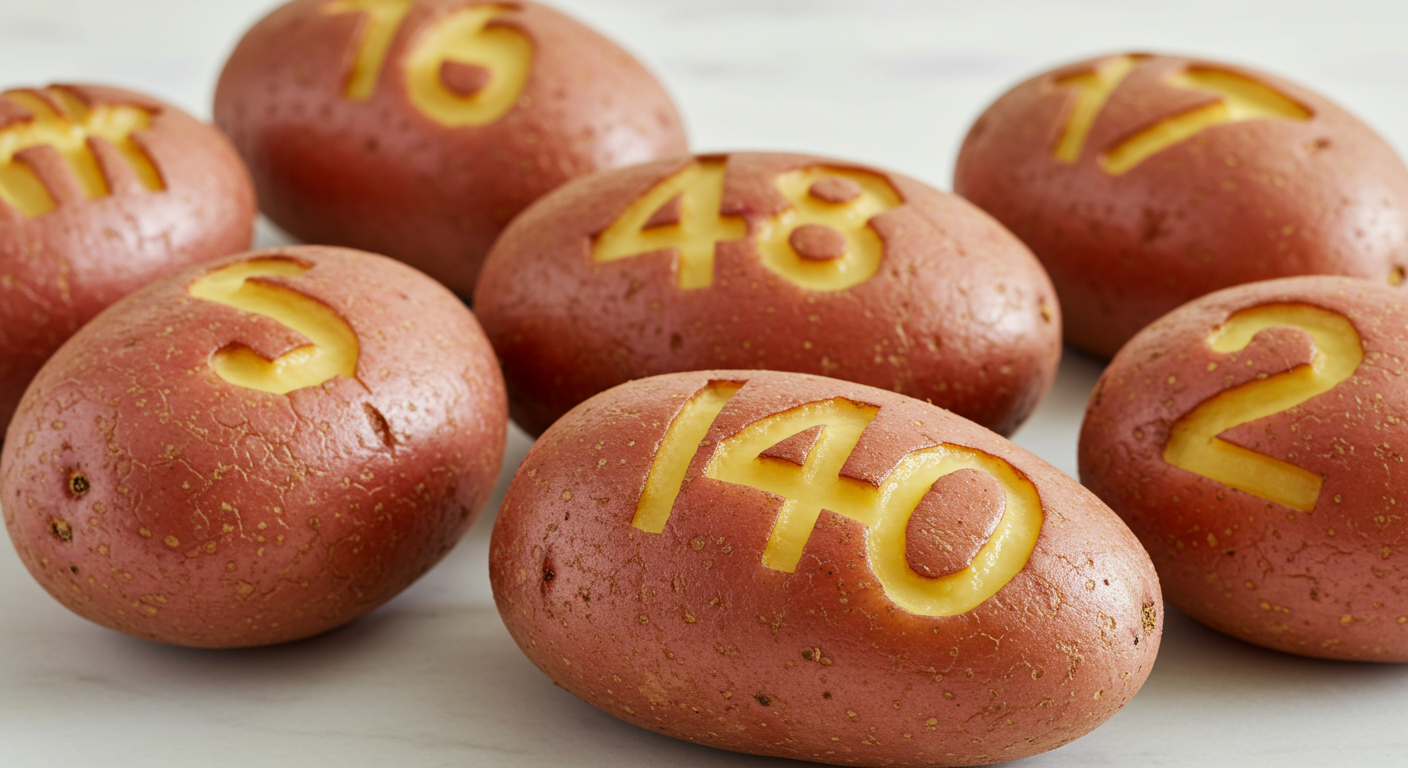 숫자 모양으로 칼집이 들어간 깨끗하게 씻은 홍감자 모습