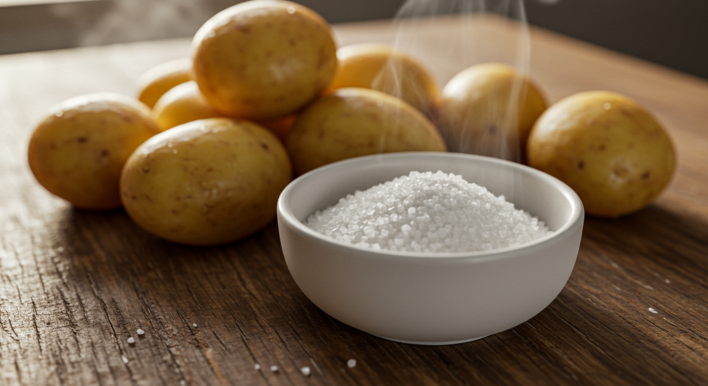 나무 주방 테이블 위 소금과 설탕이 담긴 작은 그릇과 삶아진 감자의 클로즈업