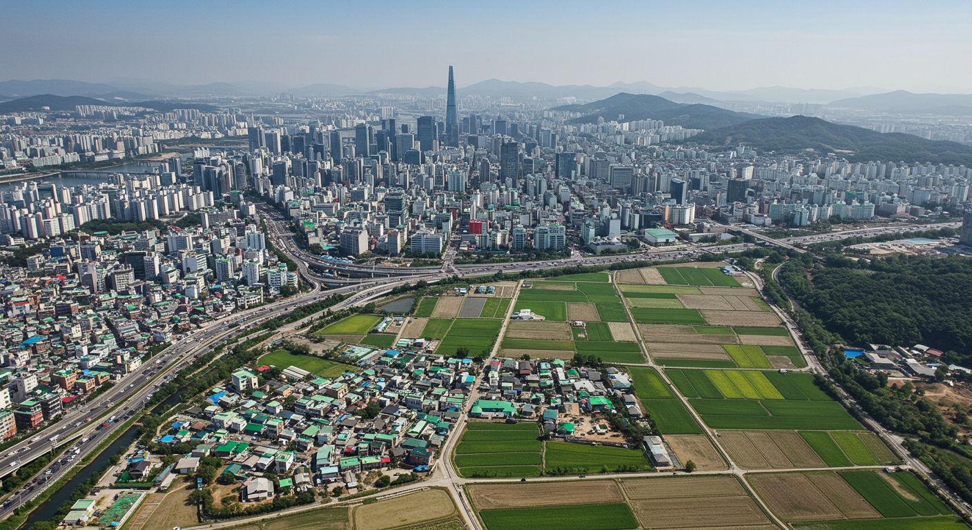 서울 도시 풍경과 시골 마을 풍경의 항공 사진으로 생활비 차이를 보여주는 이미지