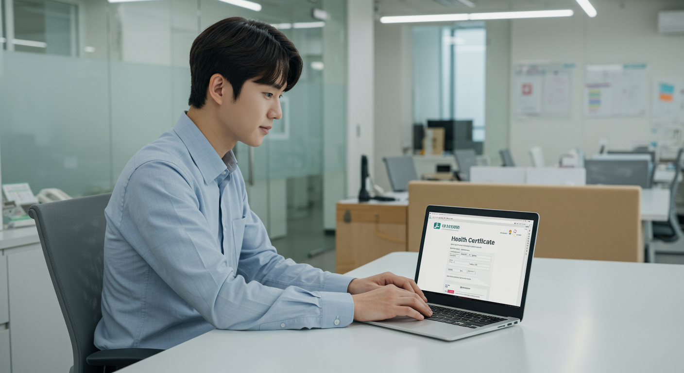 사무실 책상에 앉아 노트북으로 온라인 건강진단결과서를 신청하는 모습