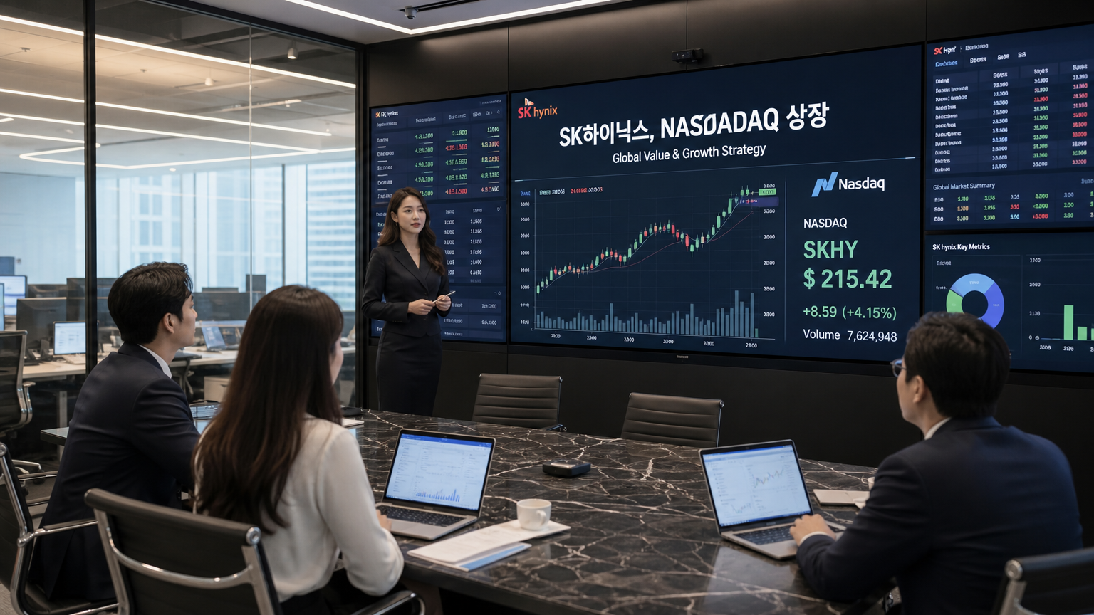 현대적인 회의실에서 SK하이닉스 나스닥 상장 관련 주식 시장 데이터를 논의하는 모습