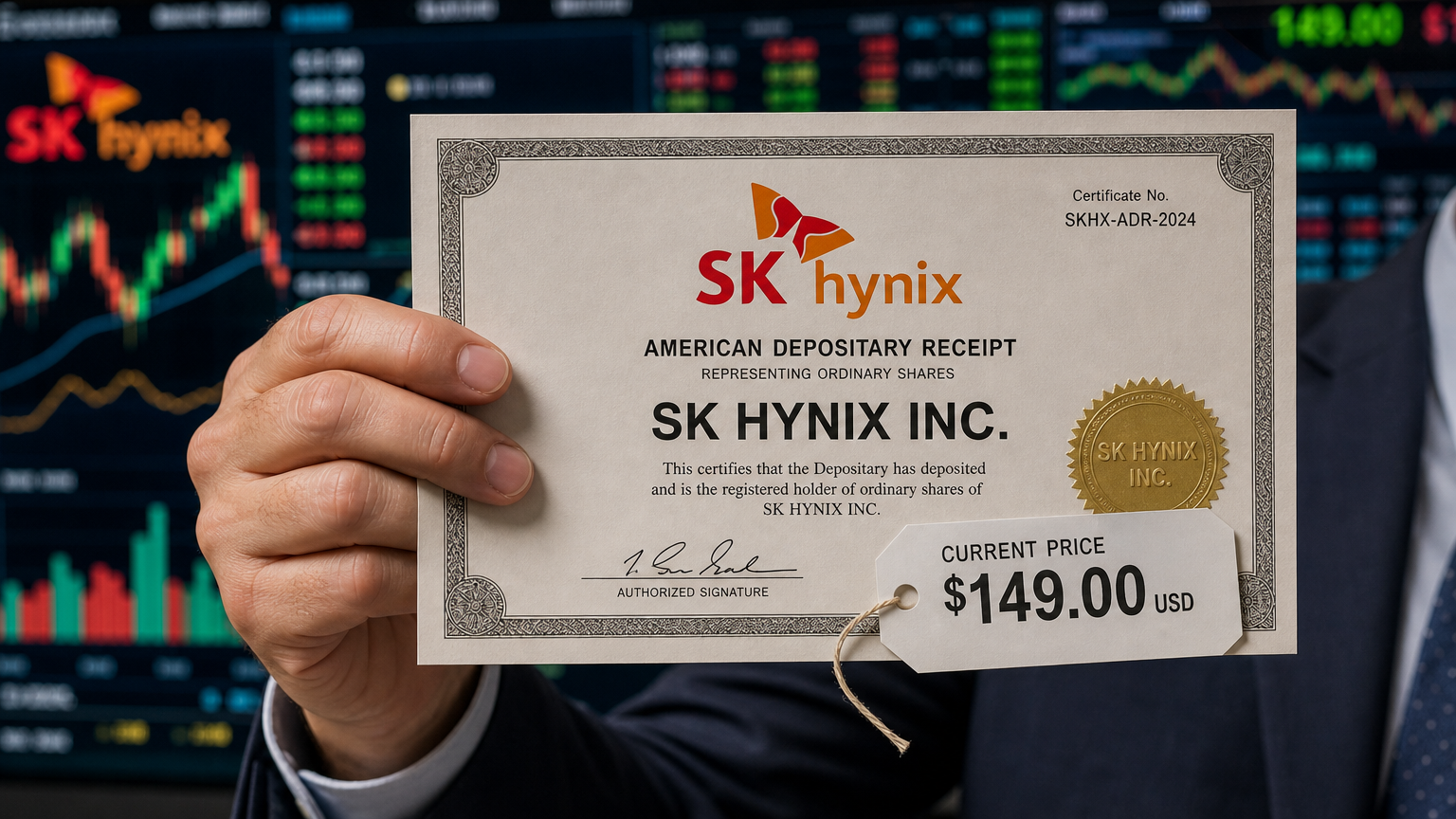 사업가 손에 들린 SK하이닉스 ADR 증서와 $149 가격표 및 금융 차트 배경