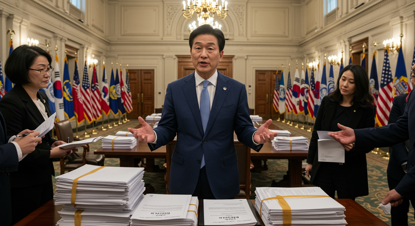 국제 회의장에서 한미 관계에 대해 토론 중인 현대적 외교관 모습