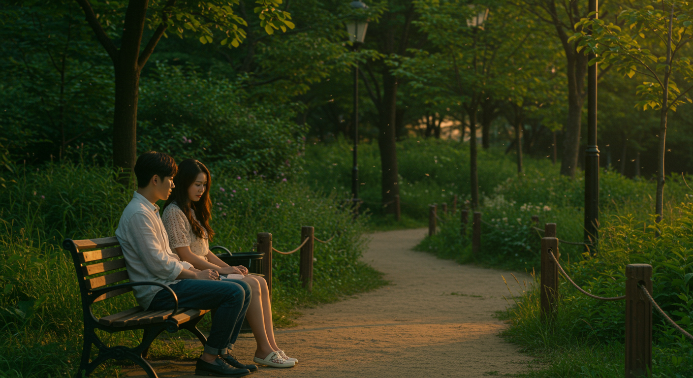 해질녘 공원 벤치에 앉아 있는 젊은 커플과 주변의 모기들