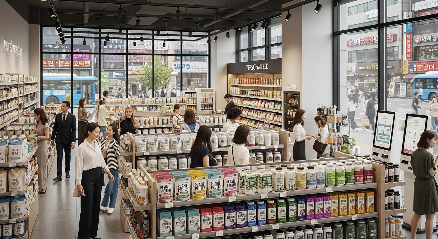 현대적인 한국 도심 속 건강식품 매장에서 다양한 식물성 단백질 제품과 맞춤형 영양제를 살펴보는 고객들 모습