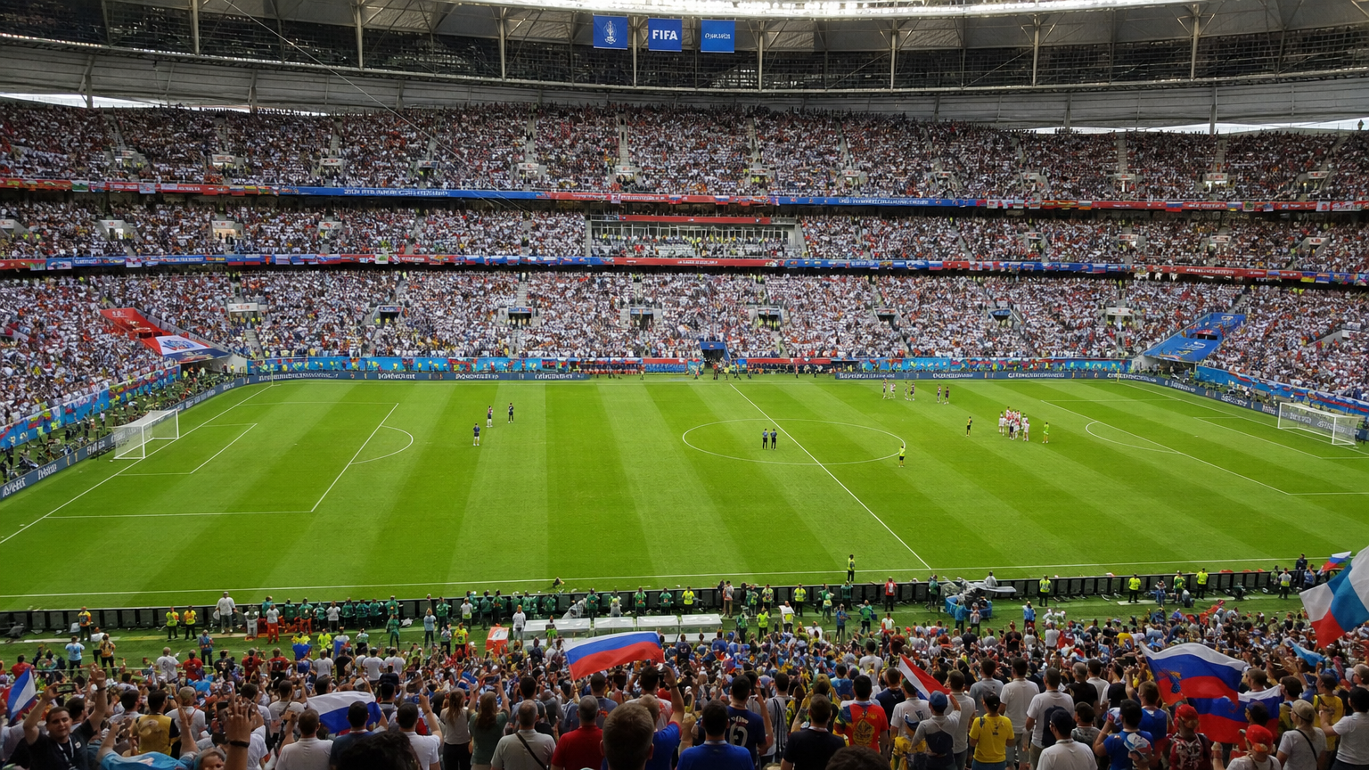 다양한 국가의 깃발과 팬들로 가득 찬 대형 축구 경기장 전경