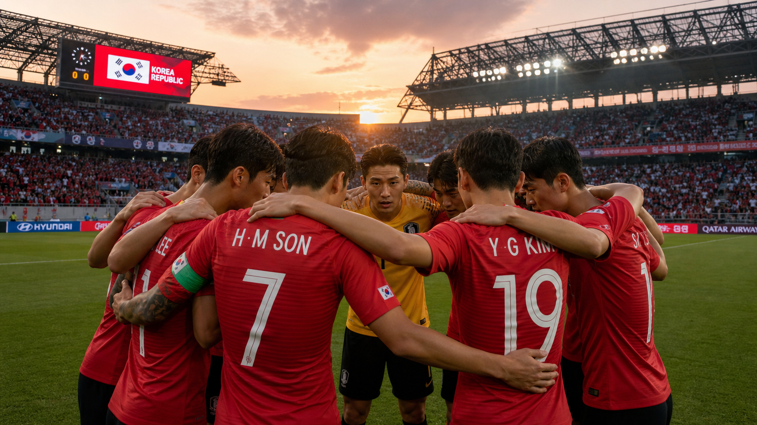 해질녘 운동장에서 하나로 뭉쳐 결의를 다지는 한국 축구 선수들