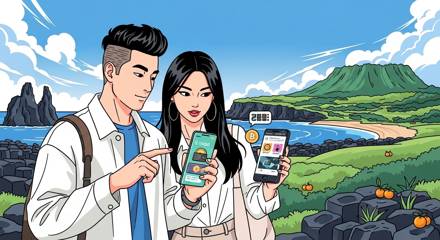 스마트폰으로 제주의 지역화폐 정보를 확인하는 현대적인 여행자들