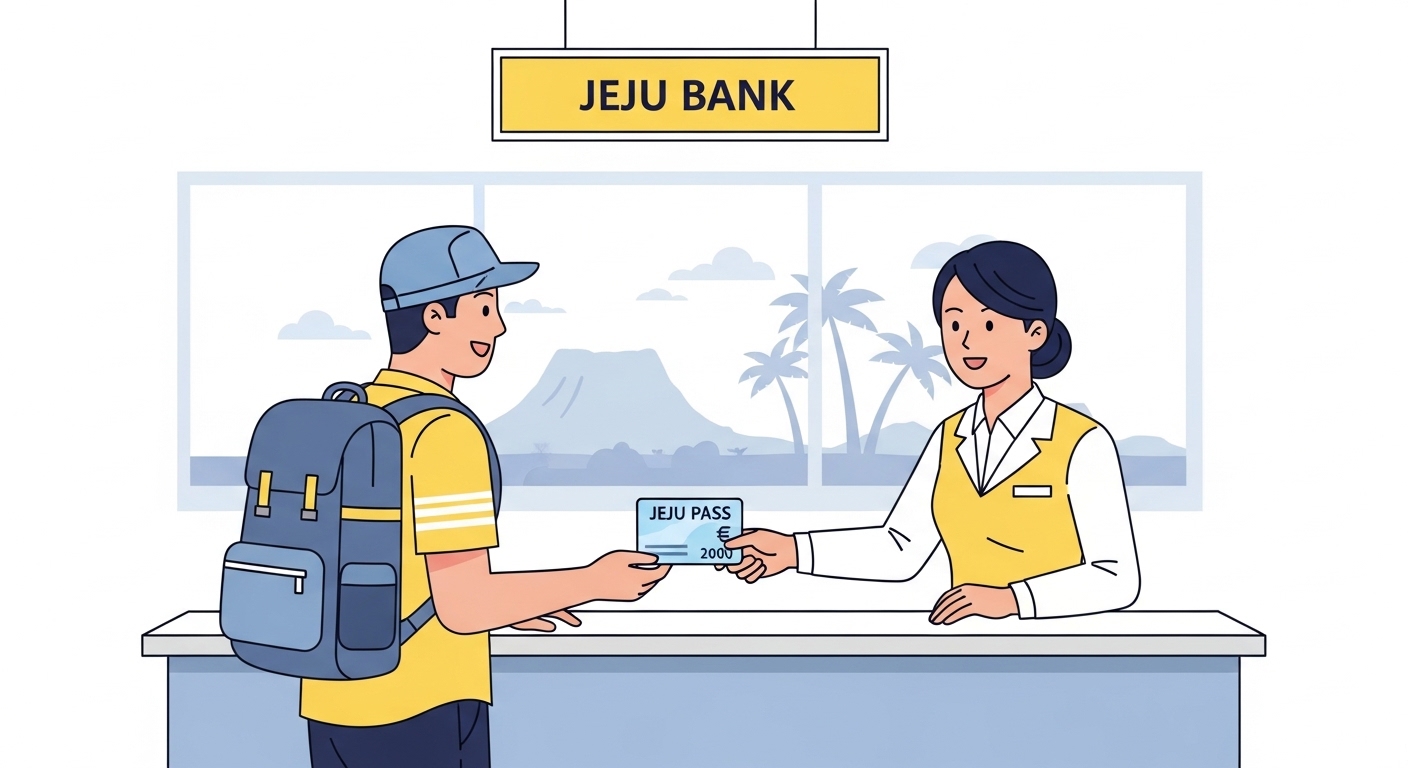 제주공항 은행 지점에서 지역화폐 카드를 받는 관광객