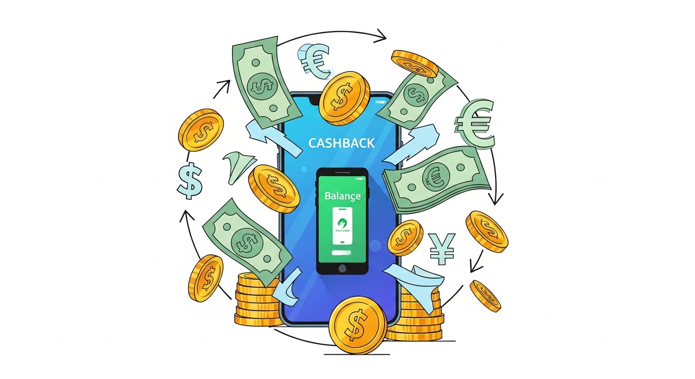 스마트폰 화면에 충전 후 잔액 증가와 코인 이미지가 나타난 캐시백 과정