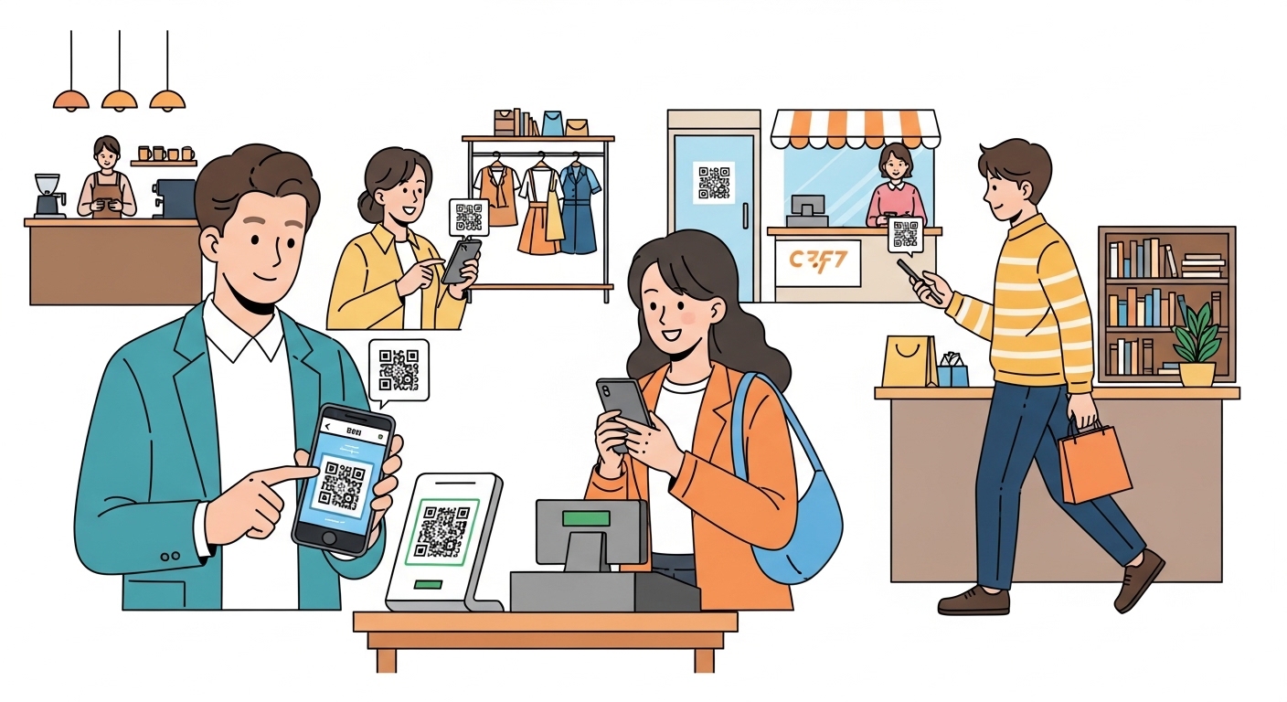 현지 상점에서 스마트폰으로 QR코드 결제를 하는 젊은이들