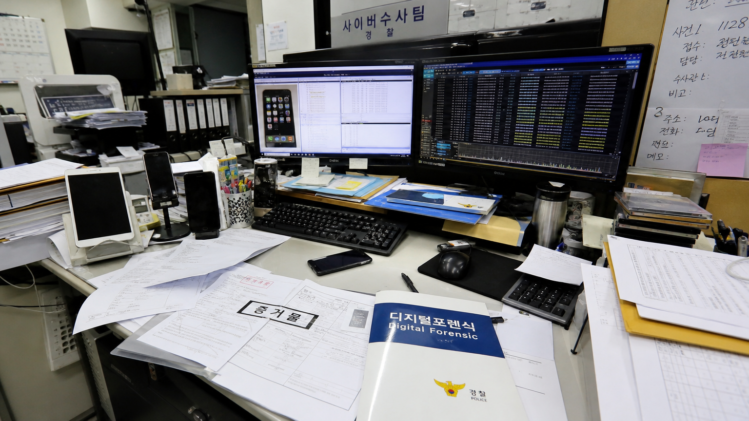 디지털 포렌식 증거가 표시된 스크린과 서류가 널려있는 한국 경찰서 책상