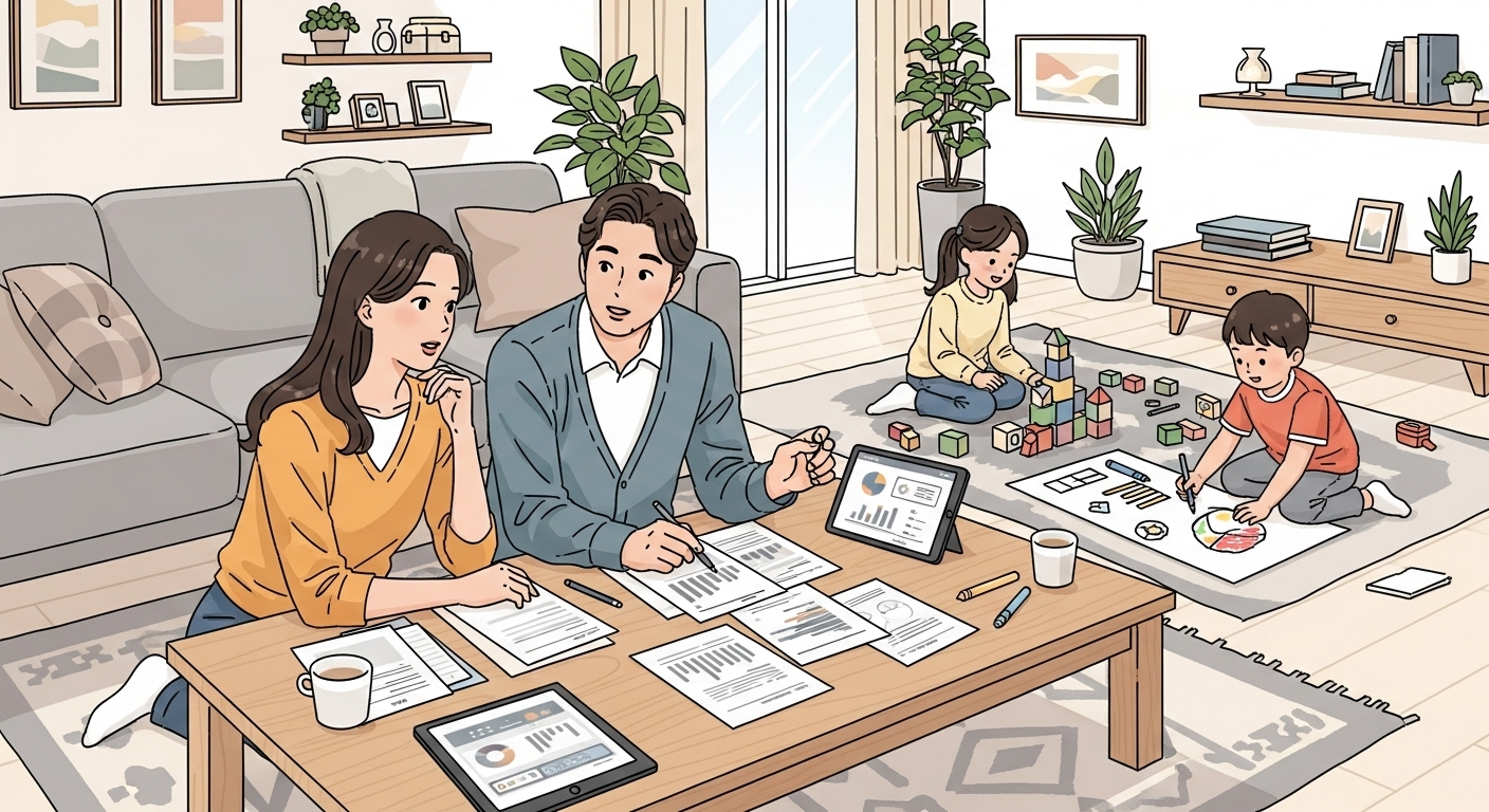 현대적인 한국 가족이 거실에서 세금 혜택에 대해 논의하는 모습