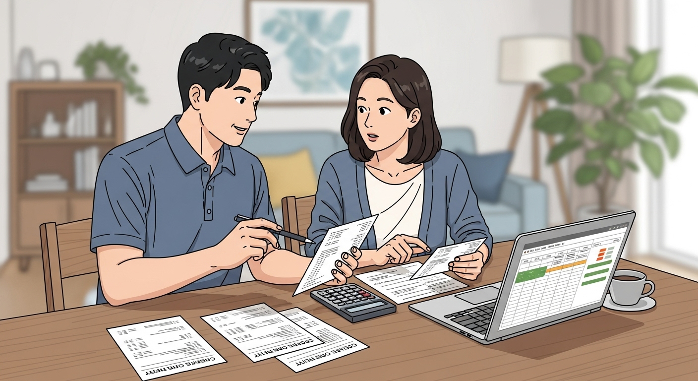 한국 부모가 집에서 신용카드 명세서를 분석하는 장면