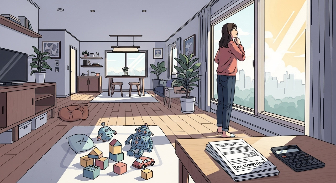 넓은 한국 아파트 내부에서 세금 면제 서류를 검토하고 있는 어머니