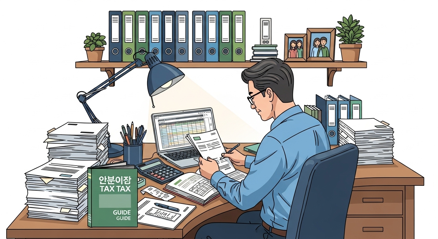 체계적으로 정리된 작업 공간에서 연말정산 서류를 준비하는 아버지