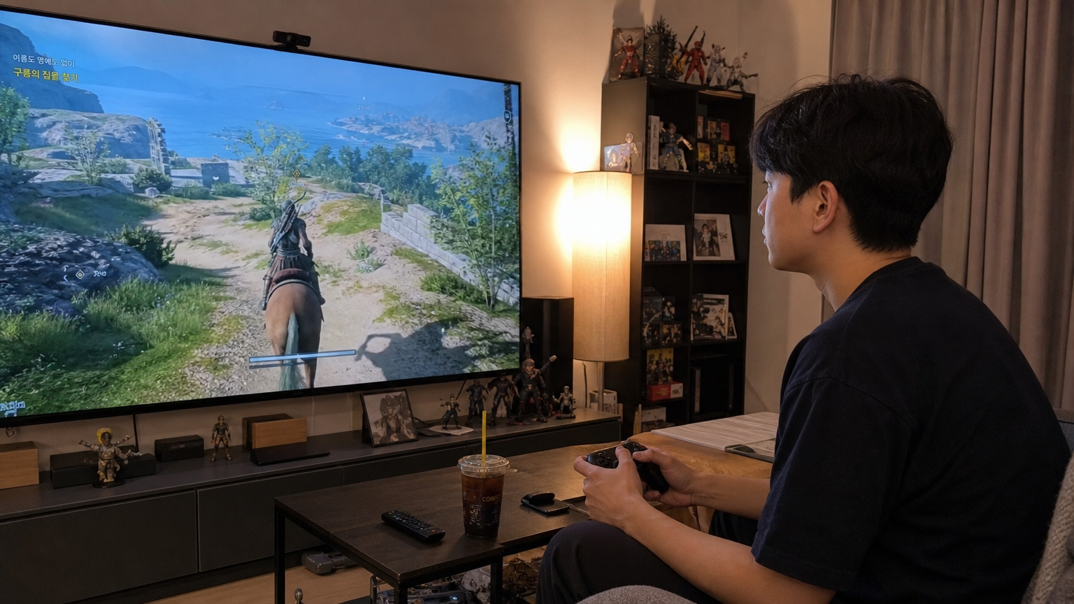 현대적인 거실에서 어쌔신 크리드 오디세이를 플레이하는 게이머