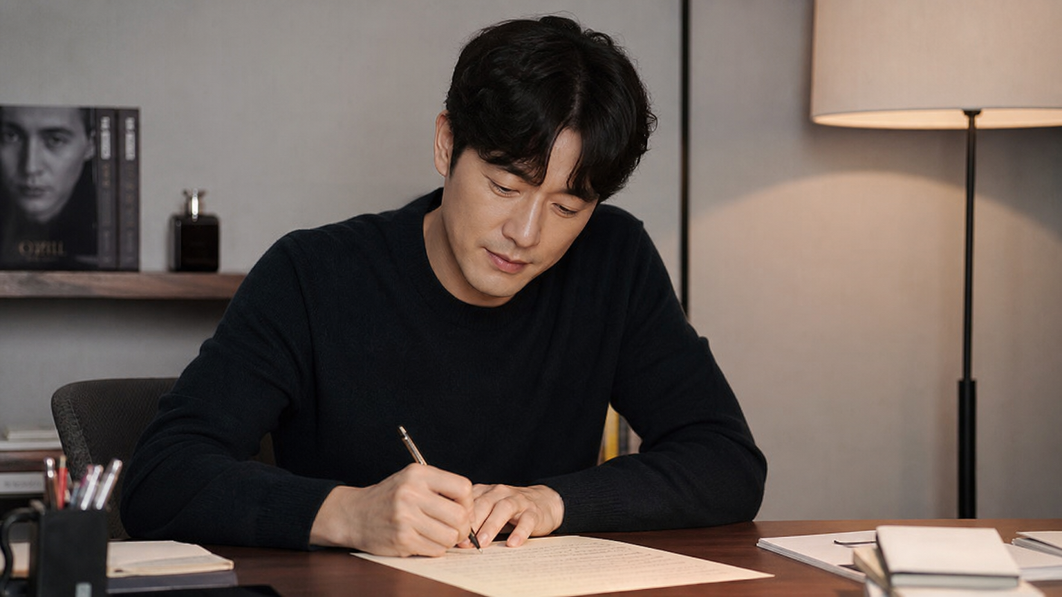 책상에서 팬들에게 감사와 소식을 전하는 한국인 배우의 모습