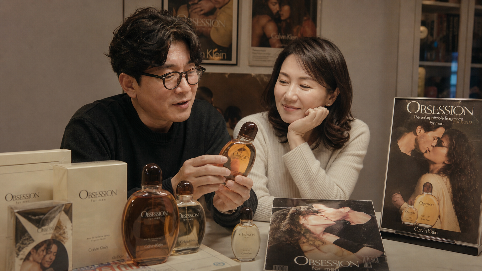 40대 부부가 빈티지 광고와 함께 옵세션 향수를 회상하는 장면
