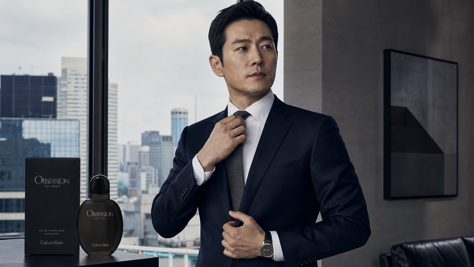 세련된 사무실에서 넥타이를 매는 자신감 넘치는 비즈니스맨