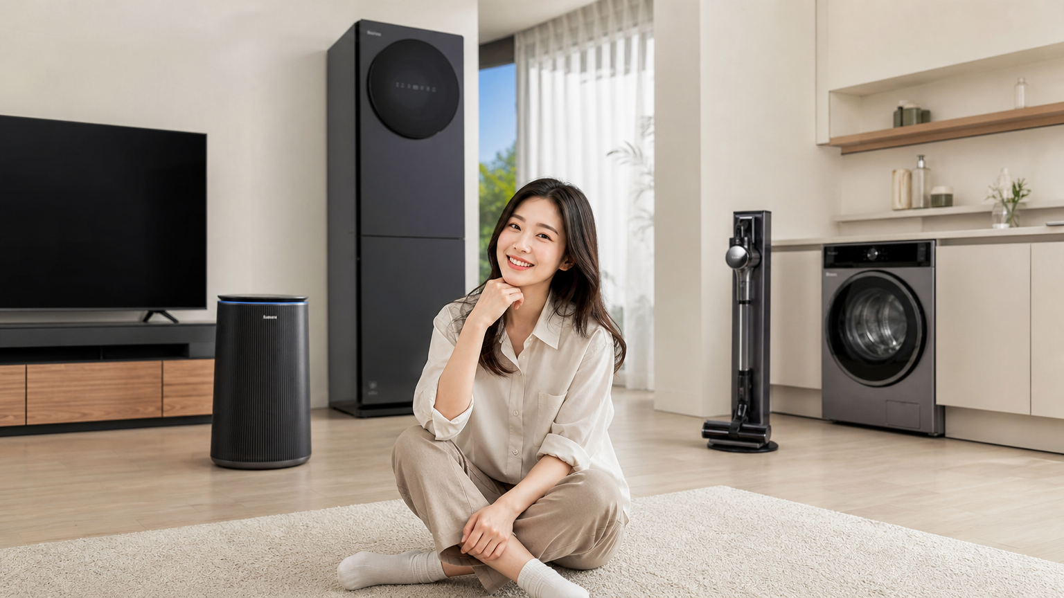 현대적인 거실에서 여러 가전제품에 둘러싸여 있는 여성의 편안한 모습